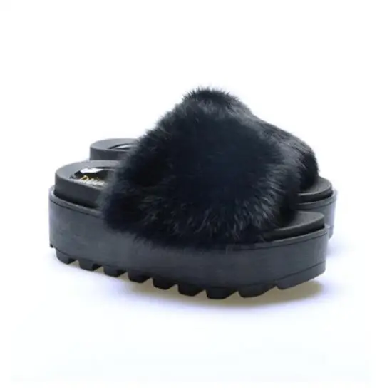 Thicken Black Женские тапочки их меха под кролика на толстой подошве, повседневные Нескользящие теплые домашние тапочки, уличные сандалии на среднем каблуке, женские плюшевые Тапочки - Цвет: Thicken Black