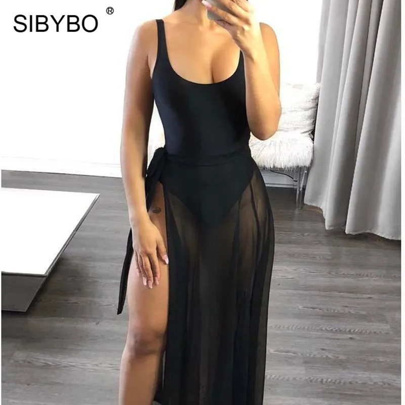 Sibybo Mesh Transparent Sexy Two Piece Set Bodysuit Women Sleeveless Backless Summer Romper Women Beach Casual Women Jumpsuit