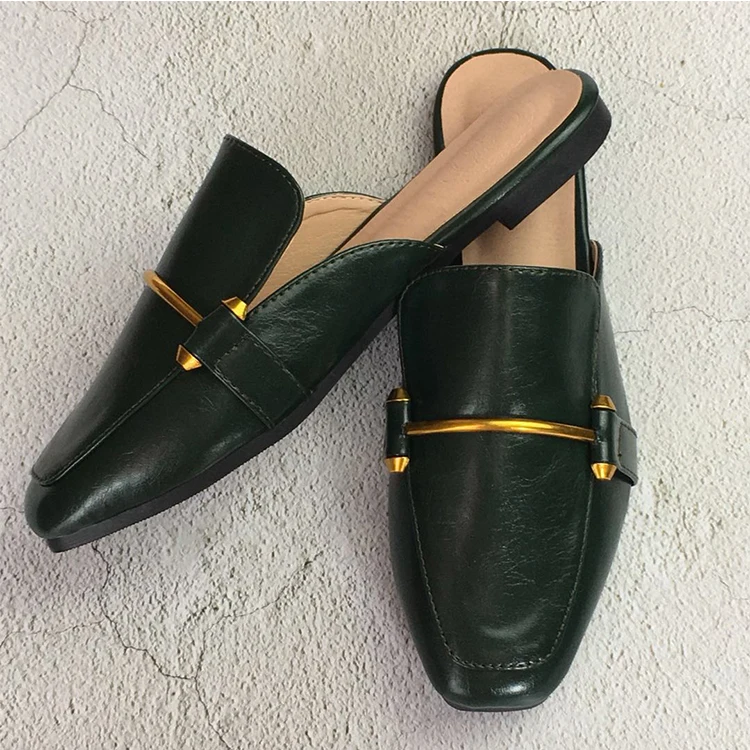 Блестящие металлические украшения шлёпанцы квадратный носок открытый zapatos de mujer без каблука Босоножки на каблуке большой размеры женская летняя кожаная обувь