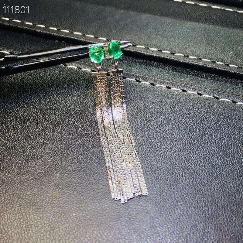 Модные длинные кисточки S925 серебро натуральный зеленый изумруд Висячие серьги с