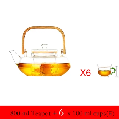 800ml 6in1e Элегантный стеклянный чайный набор, жаростойкий чайный горшок с бамбуковой ручкой и чашками, поднос, чайник, грелка, домашний чайный подарочный набор, Настольная посуда - Цвет: 800ml 6in1e