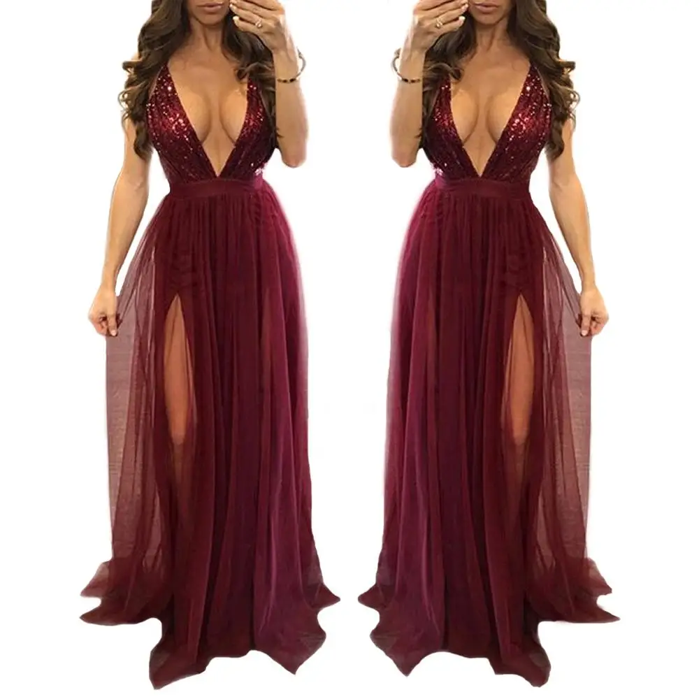 burgundy dress Adogirl женское сексуальное Макси вечернее платье с пайетками, Сетчатое лоскутное платье с глубоким v-образным вырезом на бретельках, длинное Клубное платье с открытой спиной - Цвет: burgundy dress