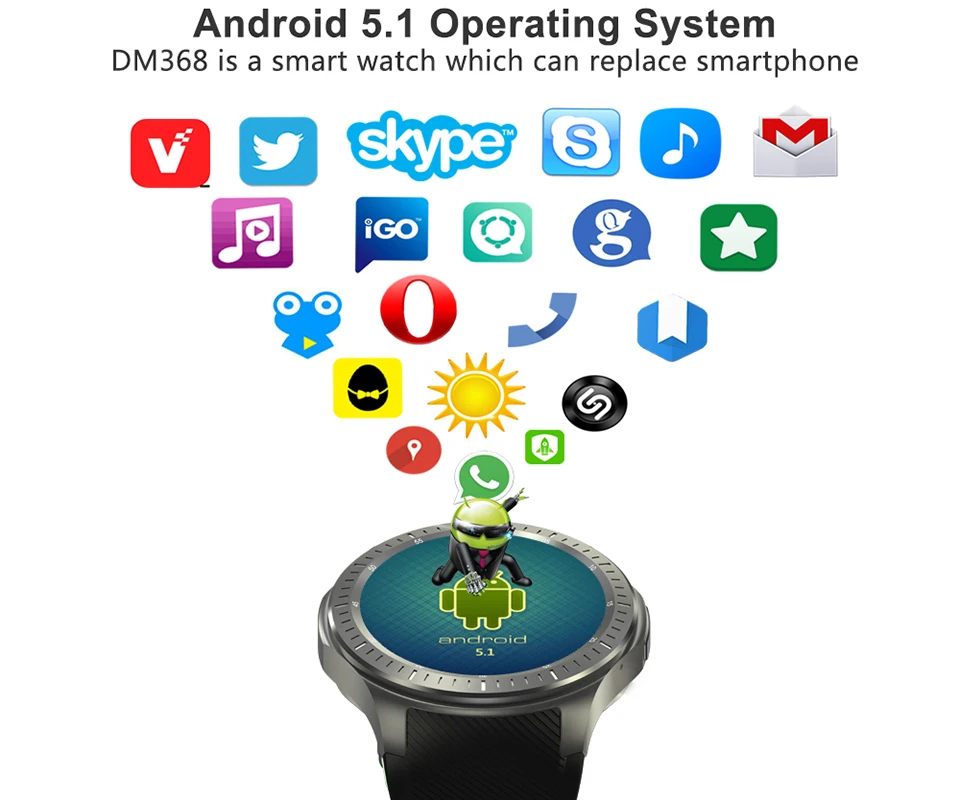 Умные часы 3g DM368 Android 5,1 gps Wifi Поддержка SIM 1,3" дисплей четырехъядерный Bluetooth 4,0 монитор сердечного ритма SmartWatch для мужчин