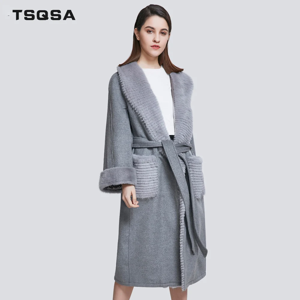 TSQSA Натуральный Натуральный Шуба из Норки Мода Длинная Женская Куртка Шерстяная И Норковая Женская Верхняя Одежда Зимнее Теплое Пальто TAC1812