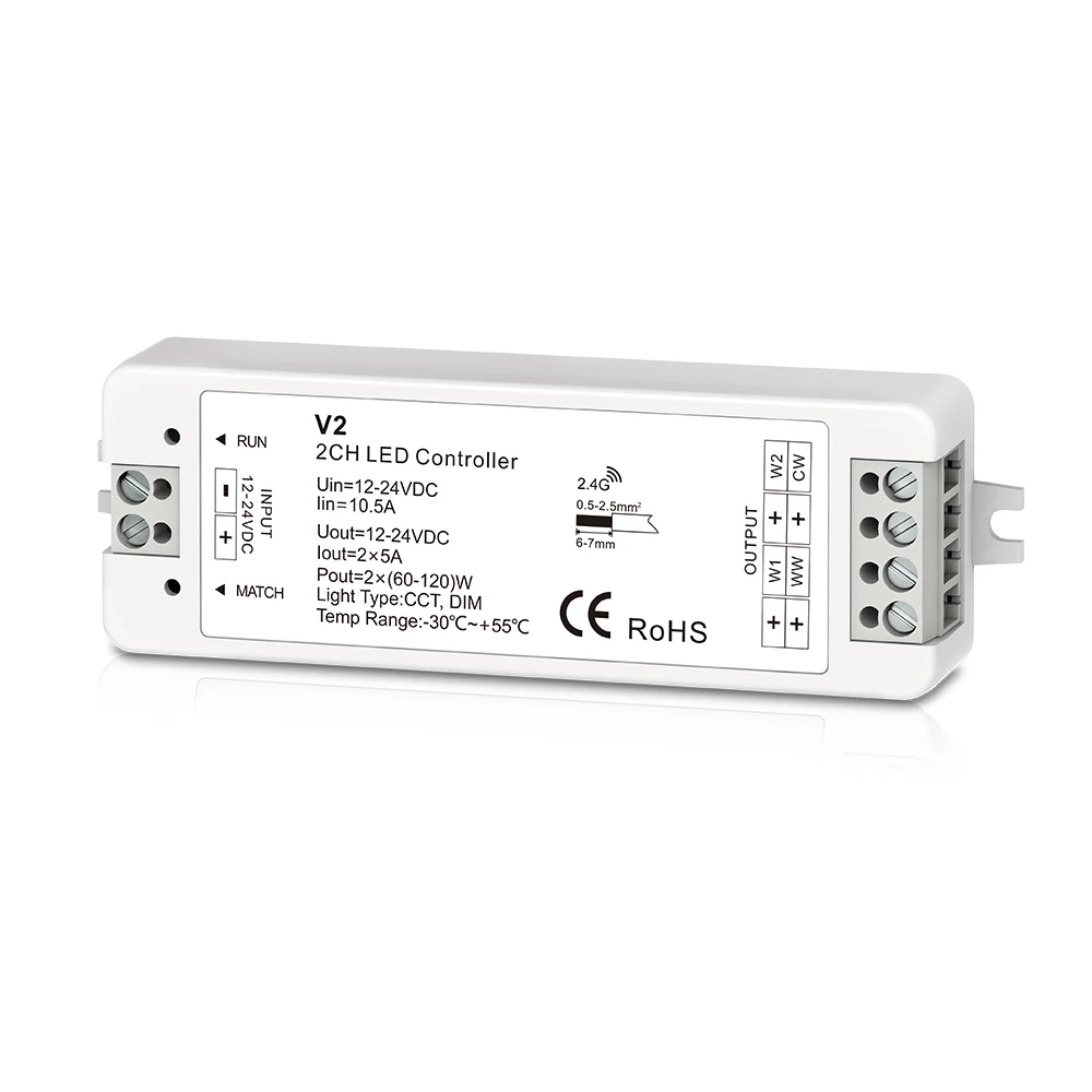 2CH 5A/CH Dual Color LED RF Controller 2 Channel PWM Constant Voltage Output WW/CW Match Remote 12-24V | Освещение