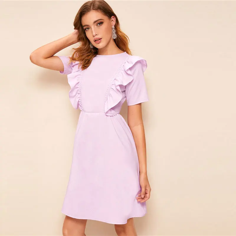 SHEIN однотонное платье миди на молнии сзади с рюшами и проймой женское летнее платье с круглым вырезом и коротким рукавом милое расклешенное ТРАПЕЦИЕВИДНОЕ ПЛАТЬЕ С Высокой Талией
