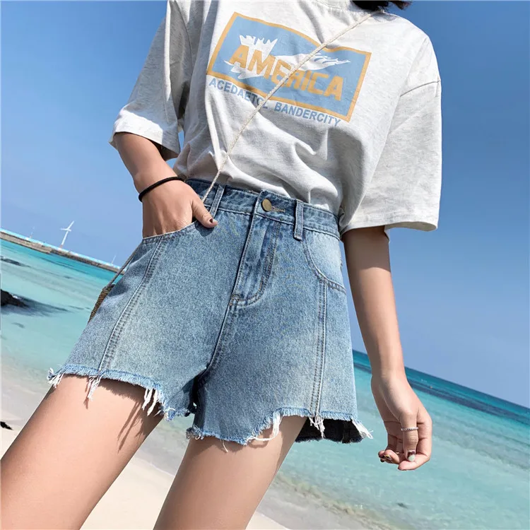 Лето 2019 новые Синие рваные джинсовые шорты женские летние модные прямые Уличная
