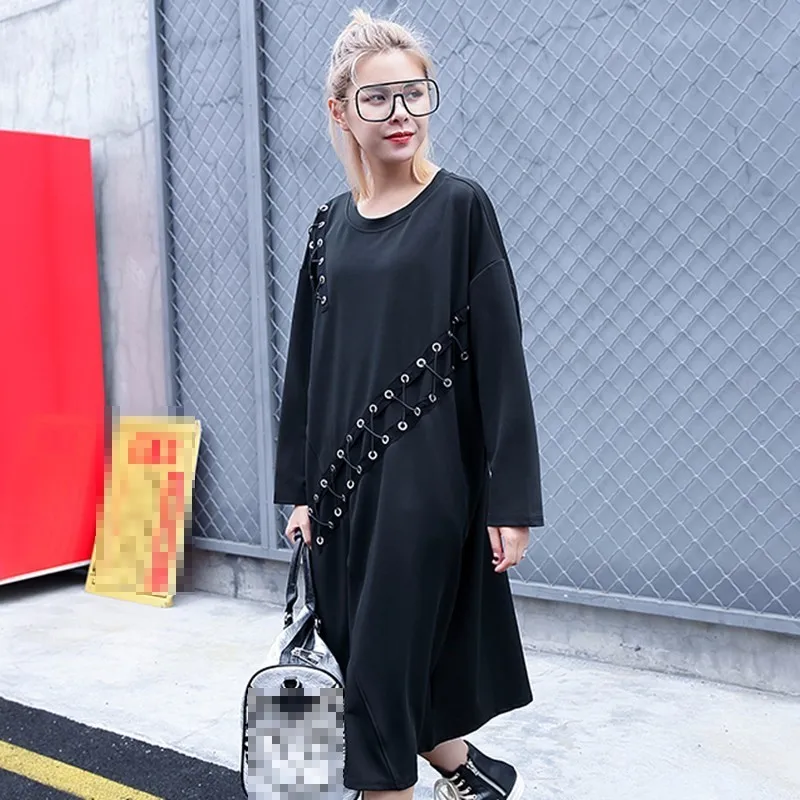 VGH Autumn Dresses For Women Round Neck Long Sleeve Casual Loose Black Women's Midi Dress Female Large Sizes 2018 Fashion Tide | Женская