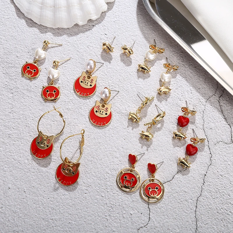 

Heart-shape Red Pig Golden Pig Red White Hearts Asymmetrical Women Children Hollow Alloy Dangle Drop Earrings