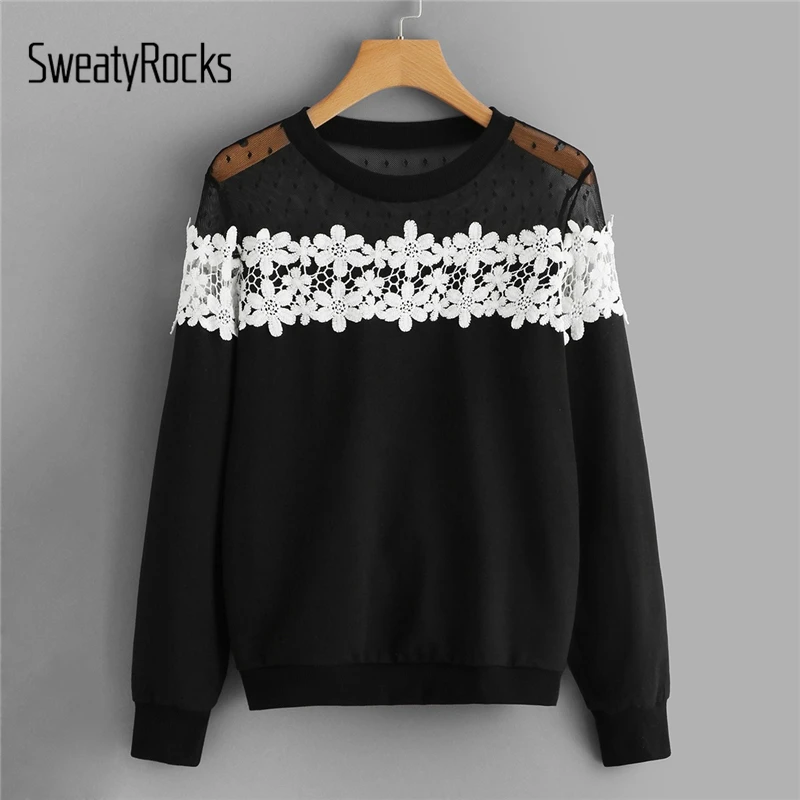 SweatyRocks черная контрастная Кружевная футболка с длинным рукавом и круглым вырезом Повседневные пуловеры Весенняя уличная одежда цветочные женские толстовки
