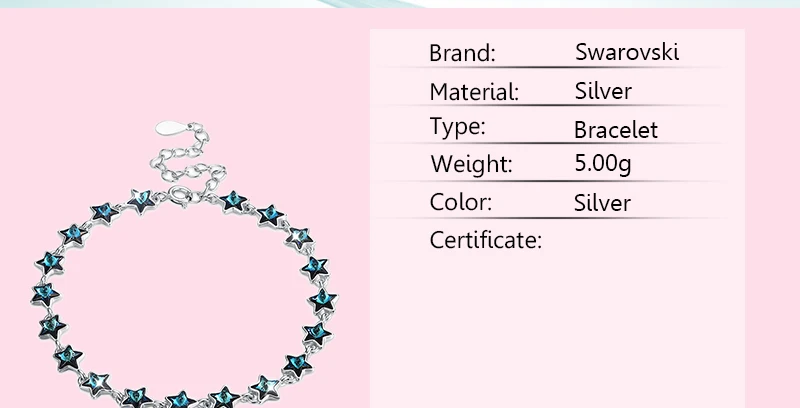 Голубая звезда Crystal от Swarovski браслет 925 пробы Серебряный браслет для Для женщин Одежда высшего качества тонкой Ювелирный Подарок на юбилей
