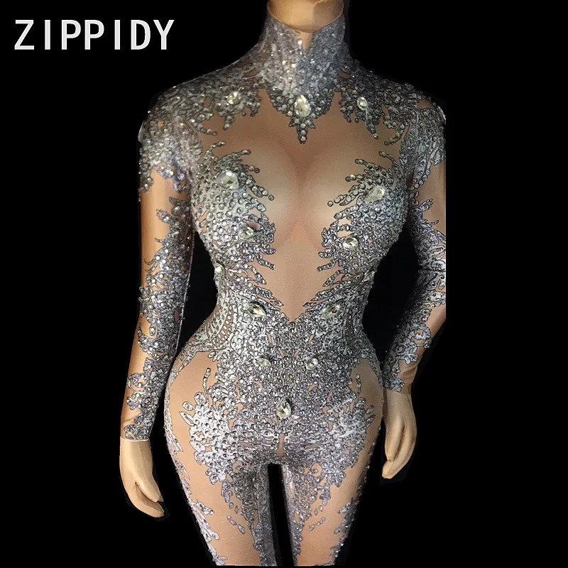 Gray Pattern Printed Nude Jumpsuit Women's Big Stones Skinny Outfit Female Singer Bodysuit Nightclub Dance DS Stage Show Wear