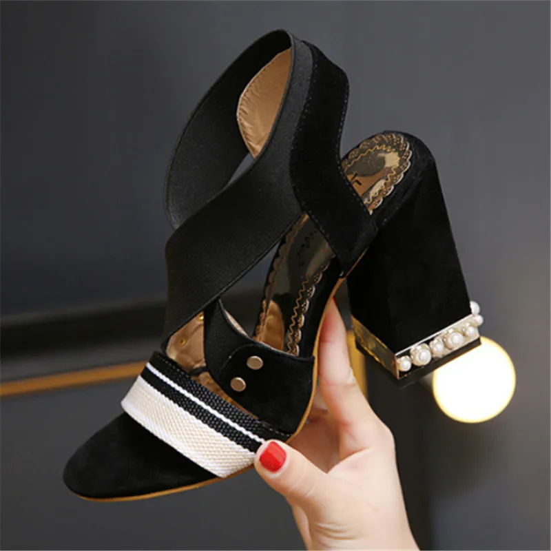RUIDENG women sandals super high heel red black elastic band fashion party wedding shoes crystal 11cm lady square shoe | Обувь