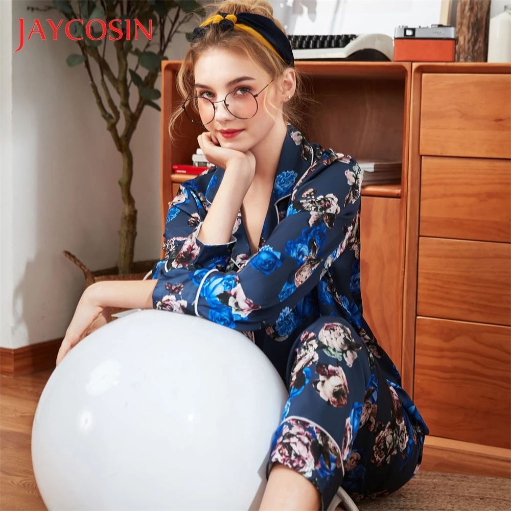 JAYCOSIN летняя Пижама для женщин с длинным рукавом ночная рубашка с принтом Атласный топ брюки наборы на каждый день случай полиэстер материал
