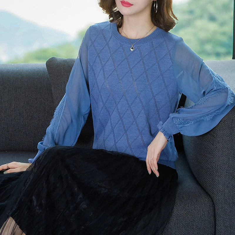 Brand Knit Sweater 2019 Spring Fall Women New Pure Color Panel Lace Lantern Sleeve Casual O-neck Pullover Female | Женская одежда