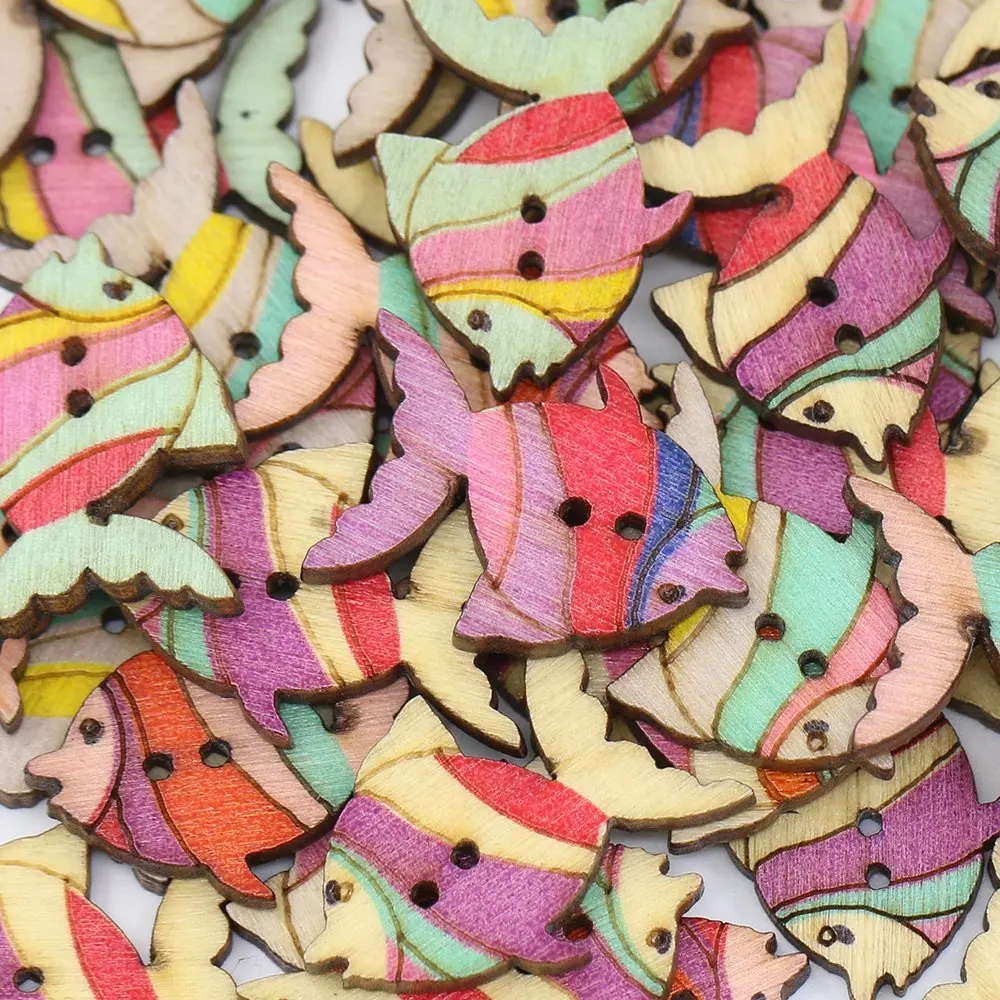 Красочные 100 шт./компл. пуговицы с 2 отверстиями и рисунком в виде милой рыбы