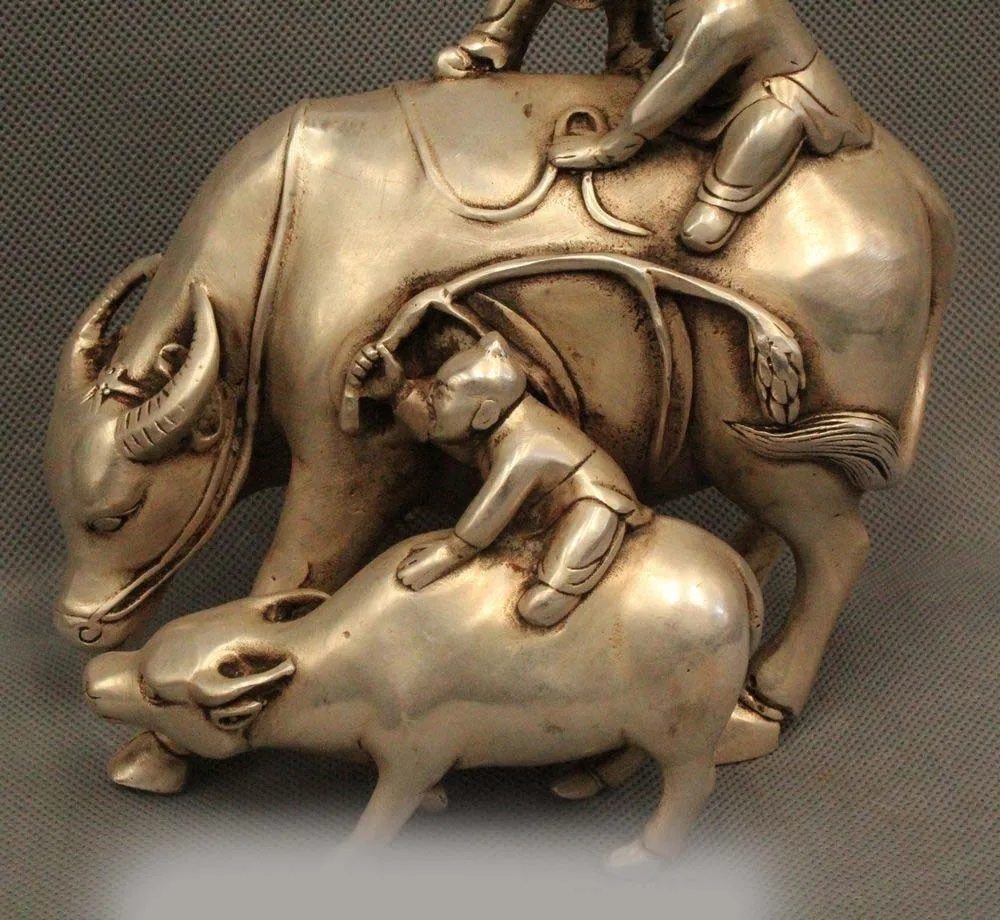 8&quot Lovely Chinese China Silver Cowboy Vaquero Children Kids Ride Bull Ox Statue | Дом и сад