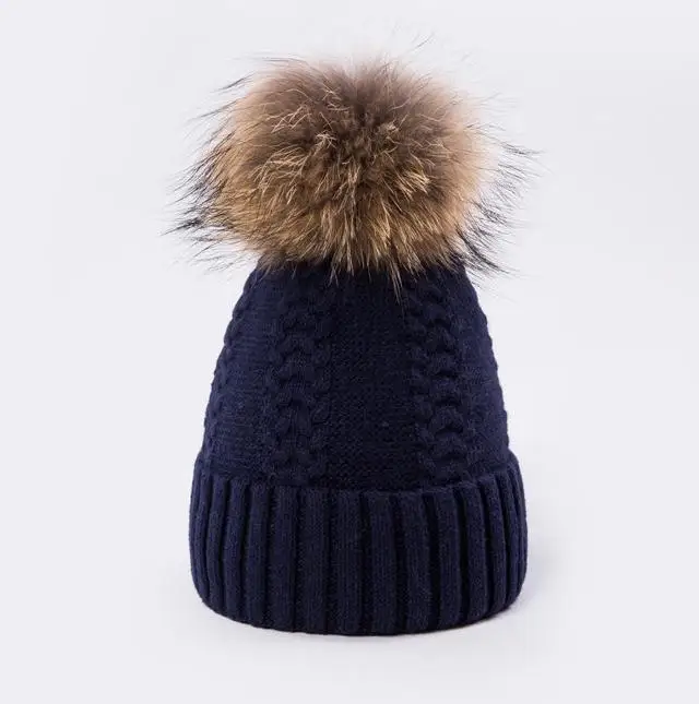 Navy Blue COKK, зимняя шапка, женская вязаная шапка, шапки для женщин и девочек, натуральный мех енота, помпон, шапка с помпоном, помпонами, шапочки Skullies - Цвет: Navy Blue