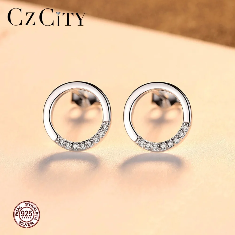 CZCITY из чистого стерлингового серебра 925 милые круглые серьги-гвоздики для женщин с крошечными фианитами минималистичные 925 серьги Ювелирные изделия Подарки Бижутерия