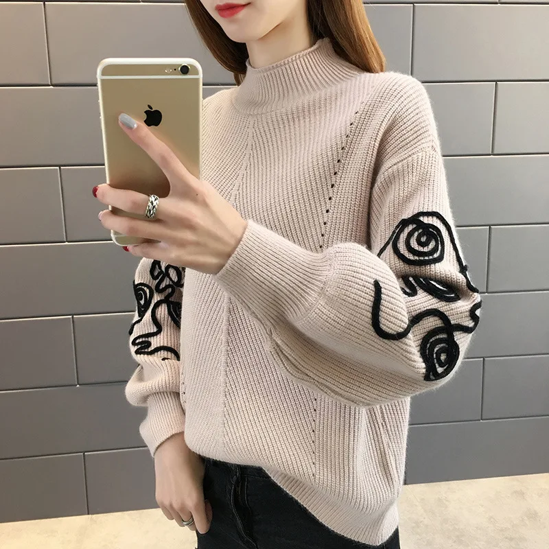 Женский вязаный свитер с высоким воротником теплый однотонный пуловер длинным