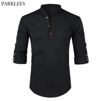 black cotton linen shirt men 2022 autumn new rolled up sleeve mens casual dress shirts slim fit henley shirt male chemise homme