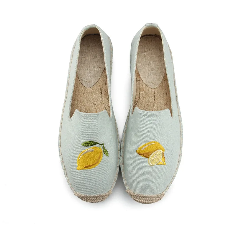 New Fashion Embroidery Lemon Comfortable Ladies Womens Casual Espadrilles Shoes Breathable Flax Hemp Canvas for Girls