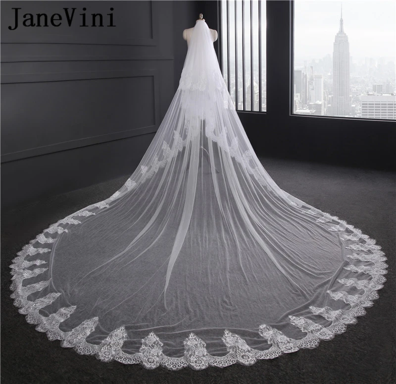 

JaneVini Long Wedding Veils Two Layers Lace Appliques Edge Cathedral Veil Soft Tulle Bridal Veils with Comb Velo Novia 3metros