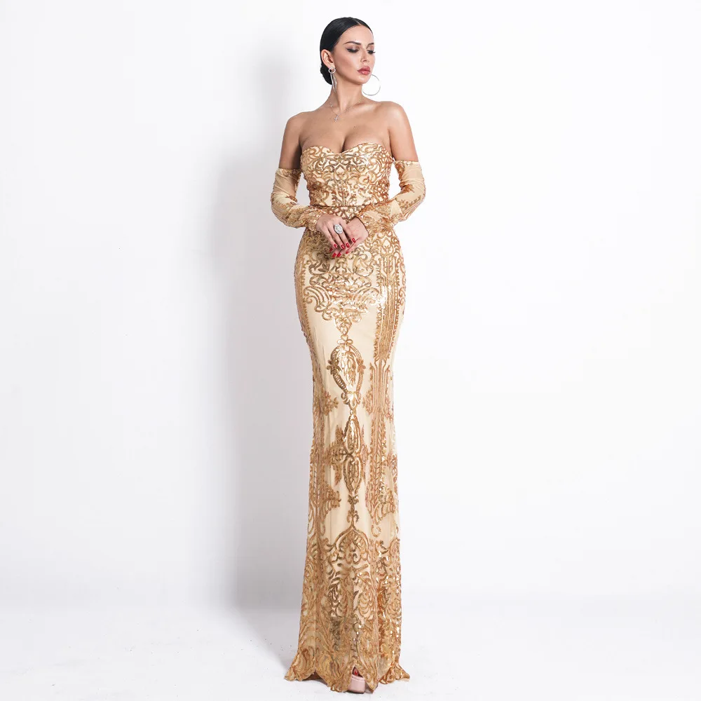 Высокое качество без бретелек длинное платье с блестками Элегантные как у