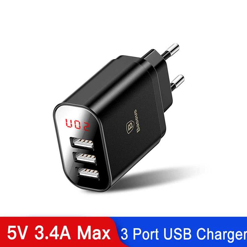 Baseus 3 порта USB зарядное устройство для iPhone XR Xs светодиодный дисплей телефон зарядное устройство для samsung S9 настенное зарядное устройство ЕС адаптер зарядное устройство для мобильного телефона - Тип штекера: USB Charger  Black