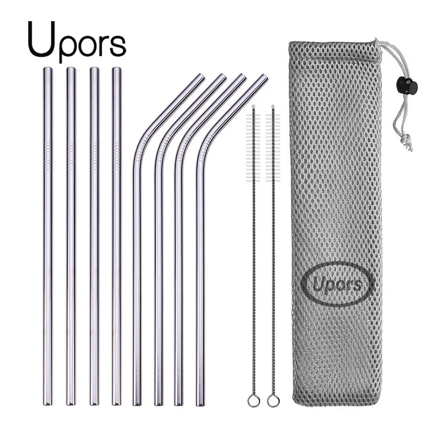 UPORS Reusable Drinking Straw 304 Stainless Steel Straws Straight Bent Metal Straw with Cleaner Brush Pouch Wholesale
