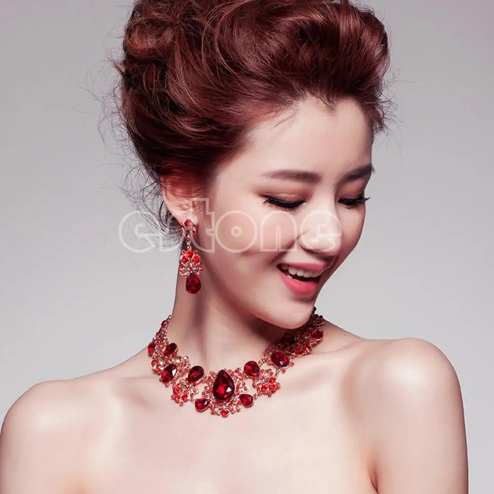 Red necklace Свадебное ювелирное серебряное красное ожерелье с подвеской со стразами - Окраска металла: Red necklace