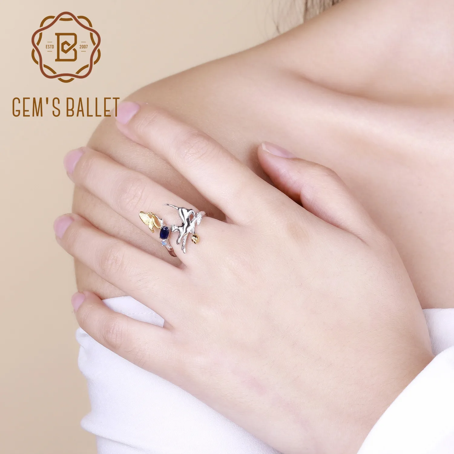 Женское кольцо с бабочкой GEM'S регулируемое из серебра 925 пробы синим сапфиром 0