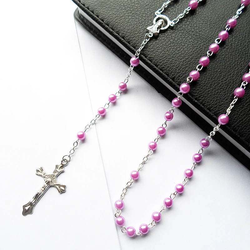High quality Bohemia Light purple Pearl beads religion Pendant Virgin Mary Catholic Christ Jesus Cross Necklaces for Women | Украшения и