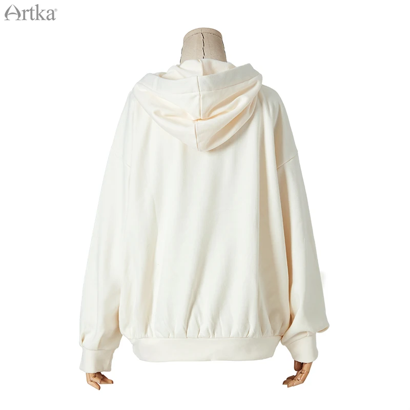 ARTKA, осенняя новинка, Женская толстовка, одноцветная, белая, с карманом, свободная, повседневная, с капюшоном, Толстовка для женщин VA10180D