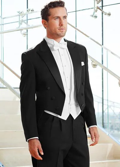Hot selling Long Black Wedding Dress for Men Three Buttons Double Breasted Groom Groomsman Tuxedo(Jacket+Pants+vest+tie)