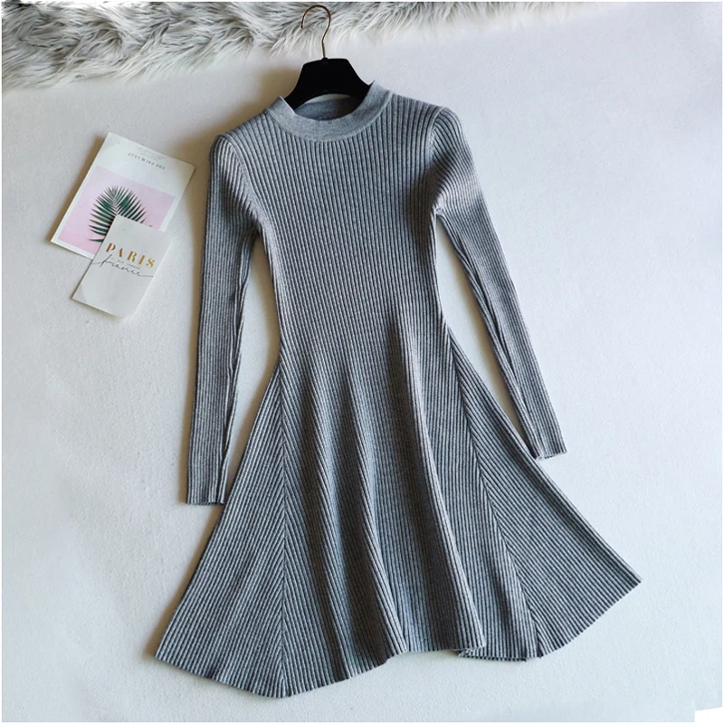 Шикарное 2018 зимнее черное платье-свитер женское с круглым вырезом длинным