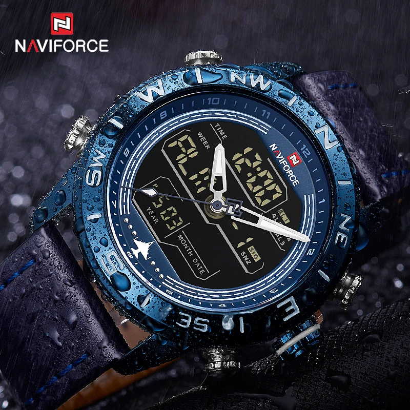 NAVIFORCE 9144 Модные мужские синие кожаные спортивные часы s светодиодный аналоговые