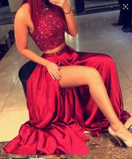 Setwell 2019 Two Pieces High Neck Sheath Evening Dress Sleeveless Top Fully Beaded Floor Length Prom Party Gown With Split | Свадьбы и