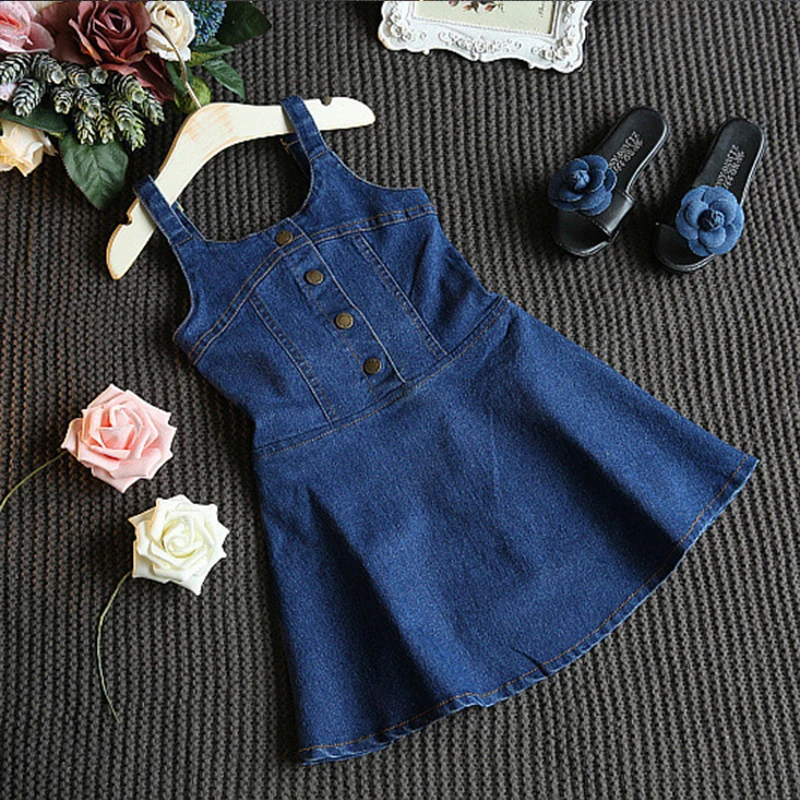 Children suspenders baby girls korean fashion Hawaii style backless denim blue spaghetti strap dress party cowboy a-line | Детская