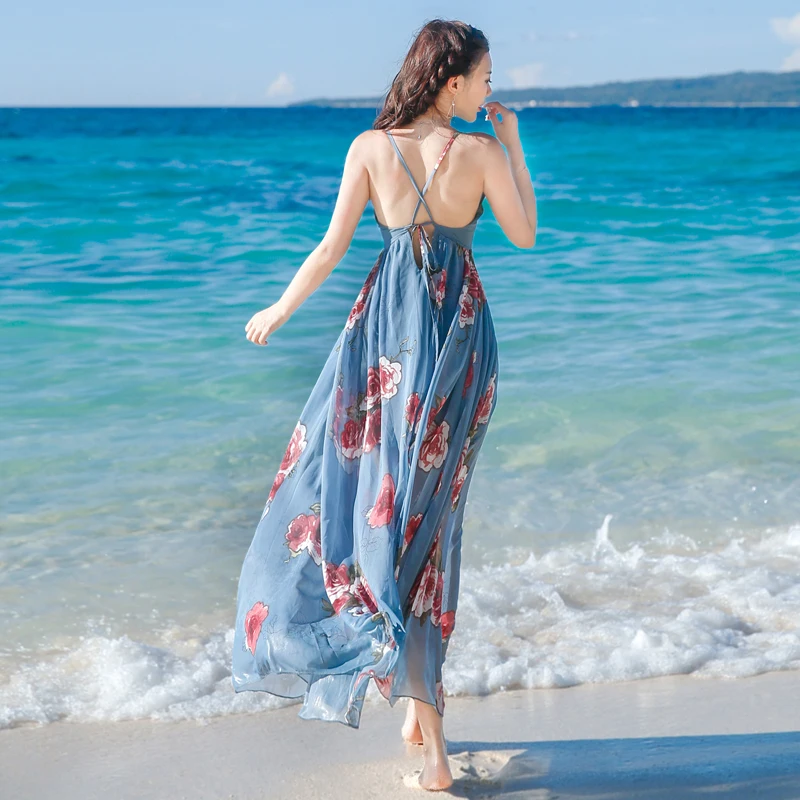 Женское длинное платье Boho пляжное без рукавов с глубоким треугольным вырезом и