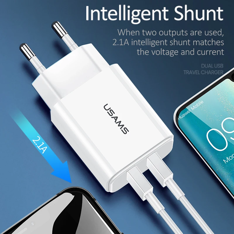 USB зарядное устройство USAMS 2 1 А универсальное быстрое для телефонов iPhone Samsung 2USB
