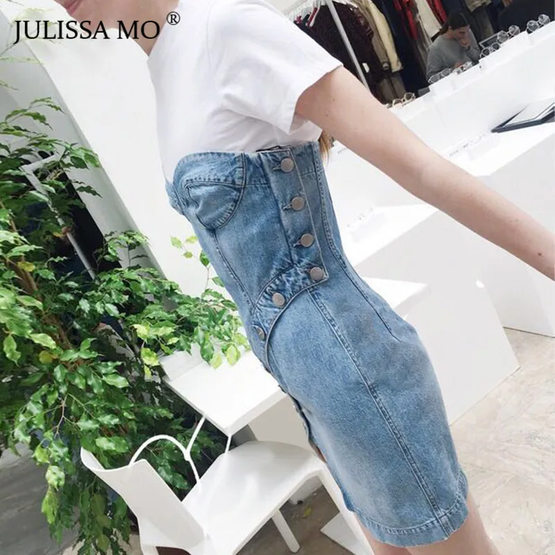 Julissamo без бретелек Разделение пикантные джинсовые Bodycon платье Для женщин Off