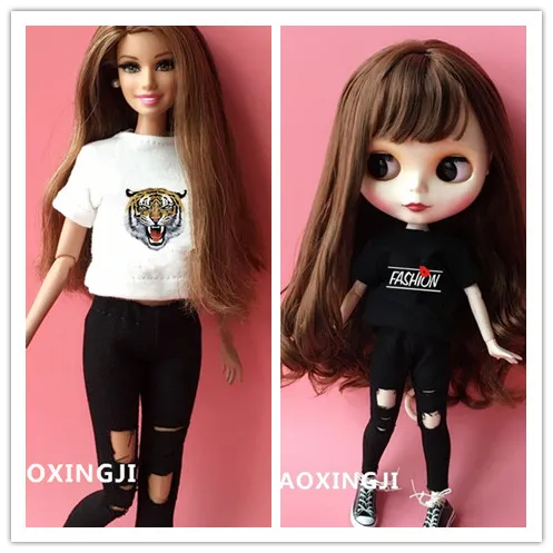 

2 шт./компл. крутая Модная Одежда для кукол blyth 1/6 Повседневная футболка + джинсы для pullip 30 см Blyth наряд куклы аксессуары для Barbi