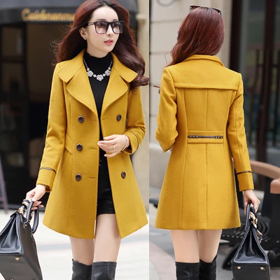 Yellow Новинка, Женская Осенняя зимняя верхняя одежда, шерстяное теплое длинное пальто, приталенное шерстяное пальто с отворотом, Кашемировое Женское пальто размера плюс TY413 - Цвет: Yellow