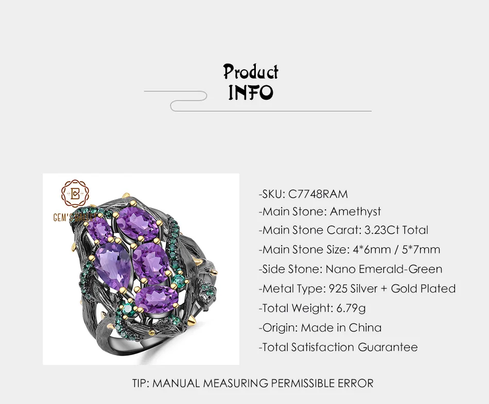 GEM'S BALLET 3.23Ct натуральный аметист кольца на палец 925 пробы серебро ручной работы змея Винтаж кольцо для женщин ювелирные изделия