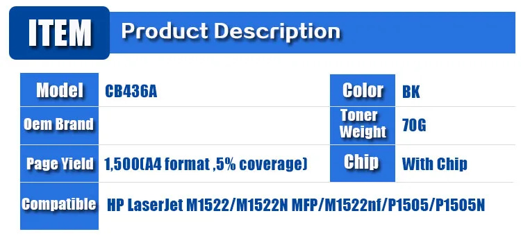 1 шт. CB436A 36A 436A совместимый тонер картридж для hp принтер P1505 1505 M1120 M1522 Canon LBP 3250