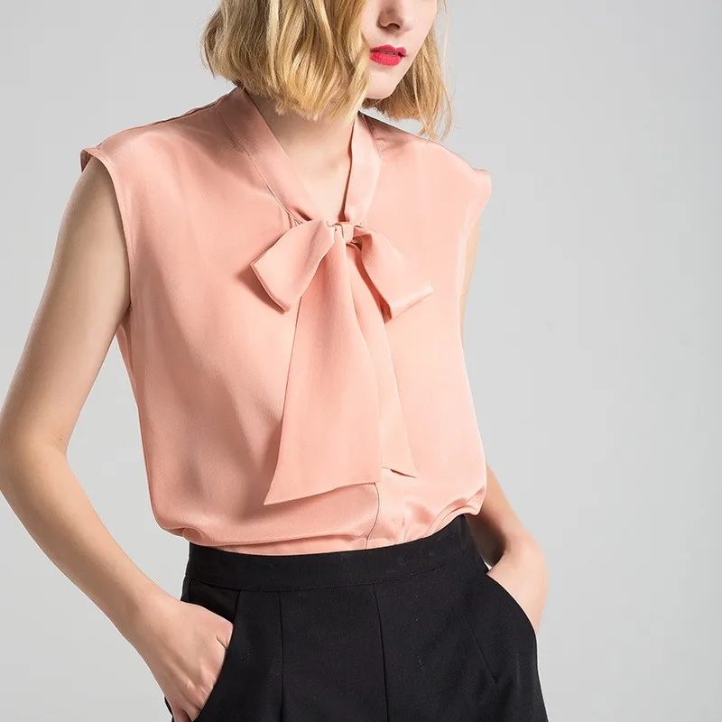 100% натуральный шелк блузки женские чистый рубашки Твердые без рукавов Блузка