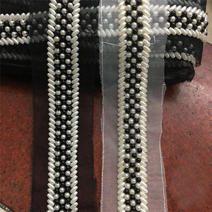 

2Yards/lot 3cm wide handmade beaded pearl black white lace trims DIY home doce clothes belt collar lace accessories Z1416