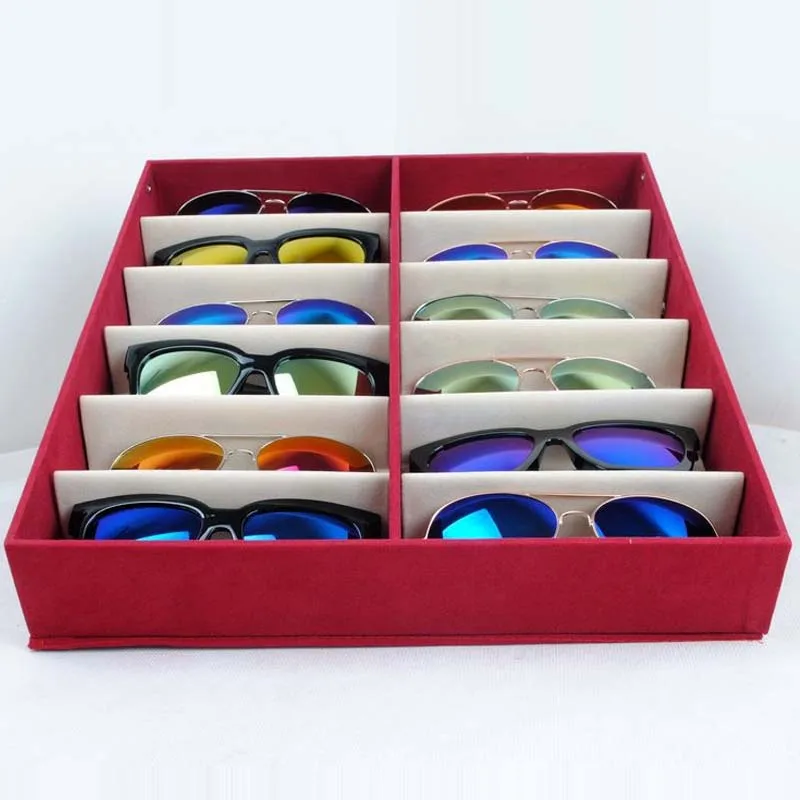 Goede 2017 Mordoa Nieuwe Stijl Flock Sunglass Organizer Voor 12 Paar Zonnebrillen Display Blauw/Rode Kleur Box/Plank/Rack Gratis Verzending