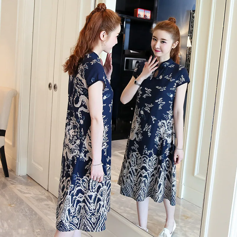 Improved Cheongsam Summer Dress Women's Clothing Chinese National Wind Cotton and Linen Dresses Stand Collar Large Size 4XL